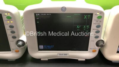 3 x GE Dash 3000 Patient Monitors 2 x with BP 1/3, BP 2/4, SPO2, Temp/CO, CO2, NBP and ECG Options and 1 x with BP 1, BP 2, SPO2, Temp/CO, CO2, NBP and ECG Options (All Power Up, 1 x Maintenance Required) *GL*) - 3
