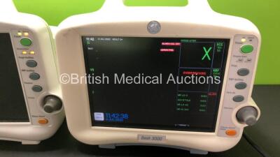 3 x GE Dash 3000 Patient Monitors 2 x with BP 1/3, BP 2/4, SPO2, Temp/CO, CO2, NBP and ECG Options and 1 x with BP 1, BP 2, SPO2, Temp/CO, CO2, NBP and ECG Options (All Power Up, 1 x Maintenance Required) *GL*) - 4