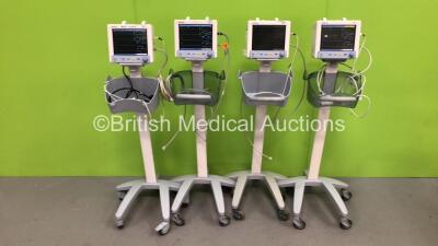 4 x Datascope Trio Patient Monitors on Stands with Selection of Cables (All Power Up with 1 x Casing Damage - See Photo)