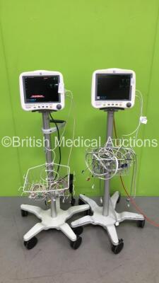 2 x GE DASH 4000 Patient Monitor on Stand with BP1, BP2, SPO2, Temp/Co, NBP and ECG Options and Selection of Cables (Both Power Up)