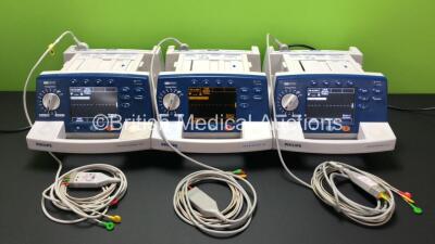 Job Lot Including 3 x Philips Heartstart XL Smart Biphasic Defibrillator Including ECG and Printer Options with 3 x 3 Lead ECG Leads (All Power Up) *SN US00443764 / US00127036 / US00601968*