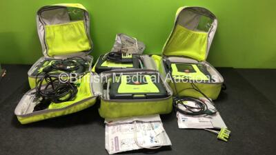 4 x Zoll AED Pro Defibrillators with 4 x Zoll AED Battery Packs, 3 x Electrode Pads and 4 x 3 Lead ECG Leads in Carry Bags (All Power Up 2 with Damaged Display Screens-See Photos) *SN AA10C016730, AA13C027850, AA07E005970, AA10C016807*