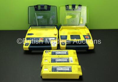 Job Lot Including 1 x Cardiac Science PowerHeart G3 Defibrillator and 1 x Cardiac Science PowerHeart G3 Pro Defibrillator with 5 x Batteries (Both Power Up, 1 x Remove Battery Warning- Batteries Low)