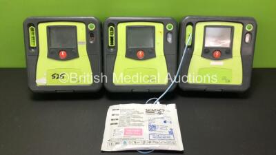 3 x Zoll AED Pro Defibrillators (All Power Up with Stock Battery, 2 x Flat Batteries Included) with 2 x Batteries (Both Flat) 2 x Electrode Packs (In Date) and 1 x 3 Lead ECG Lead