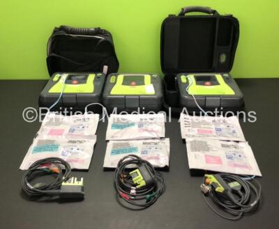 3 x Zoll AED Pro Defibrillators (All Power Up, 1 x Damage to Screen - See Photos) with 2 x Batteries (Both Low) 6 x Electrode Packs (1 x Expired, 5 x In Date) and 3 x 3 Lead ECG Leads in 2 x Carry Cases