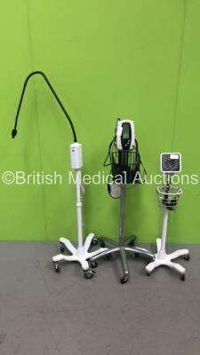 1 x Welch Alkyn 420 Series Patient Monitor on Stand with Leads, 1 x Welch Allyn Blood Pressure Meter and 1 x Welch Allyn GS Patient Examination Lamp on Stand (Powers Up with Good Bulb)