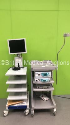 2 x EUK Stack Trolleys with Fujinon Monitor, Fujinon System 4400 Light Source, Fujinon System 4400 Processor and Storz 22010 20 SCB Image 1 Hub Camera Control Unit (Powers Up) *GH*