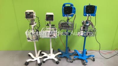 1 x GE Carescape V100 Vital Signs Monitor on Stand with BP Hose and SPO2 Finger Sensor, 1 x GE Dinamap ProCare Vital Signs Monitor on Stand with BP Hose and SPO2 Finger Sensor and 2 x CSI Criticare SPO2/ComfortCuff VItal Signs Monitors on Stands (All Powe