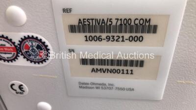 Datex-Ohmeda Aestiva/5 Anaesthesia Machine with Datex-Ohmeda 7100 Software Version 1.4, Philips IntelliVue G5 M1019A Gas Module with Water Trap, Bellows, Absorber and Hoses (Powers Up) *S/N AMVN00111* **GH*** - 5