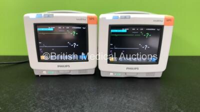 2 x Philips IntelliVue MP5 Patient Monitors with NBP, SPO2 and ECG/Resp Options (Both Power Up, 1 x Slight Damage to Casing - See Photo)