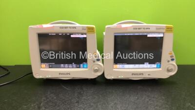 2 x Philips IntelliVue MP30 Anesthesia Patient Monitors with 2 x Philips IntelliVue X2 Patient Monitors with Press, Temp, NBP, SPO2 and ECG Resp Options (All Power Up)