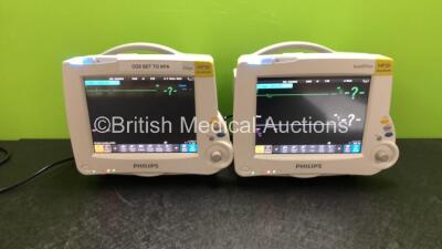 2 x Philips IntelliVue MP30 Anesthesia Patient Monitors with 2 x Philips IntelliVue X2 Patient Monitors with Press, Temp, NBP, SPO2 and ECG Resp Options (All Power Up)