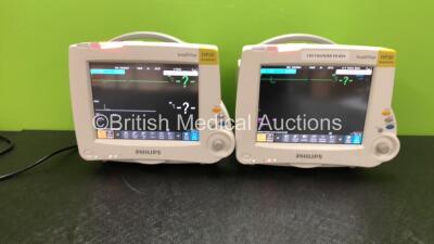 2 x Philips IntelliVue MP30 Anesthesia Patient Monitors with 2 x Philips IntelliVue X2 Patient Monitors with Press, Temp, NBP, SPO2 and ECG Resp Options (All Power Up)