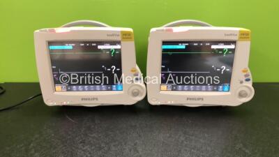 2 x Philips IntelliVue MP30 Anesthesia Patient Monitors with 2 x Philips IntelliVue X2 Patient Monitors with Press, Temp, NBP, SPO2 and ECG Resp Options (All Power Up)