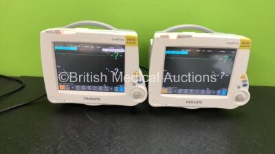 2 x Philips IntelliVue MP30 Anesthesia Patient Monitors with 2 x Philips IntelliVue X2 Patient Monitors with Press, Temp, NBP, SPO2 and ECG Resp Options (All Power Up)