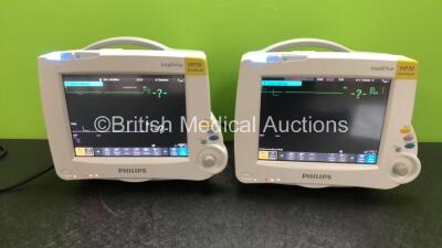 2 x Philips IntelliVue MP30 Anesthesia Patient Monitors with 2 x Philips IntelliVue X2 Patient Monitors with Press, Temp, NBP, SPO2 and ECG Resp Options (All Power Up)