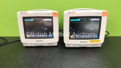 2 x Philips IntelliVue MP5 Patient Monitors with NBP, SPO2 and ECG/Resp Options (Both Power Up)