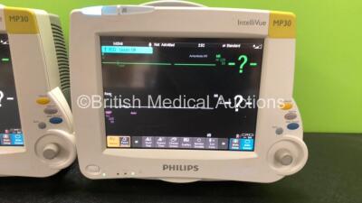 2 x Philips IntelliVue MP30 Patient Monitors with 2 x Philips IntelliVue X2 Patient Monitors with Press, Temp, NBP, SPO2 and ECG Resp Options (All Power Up) - 2