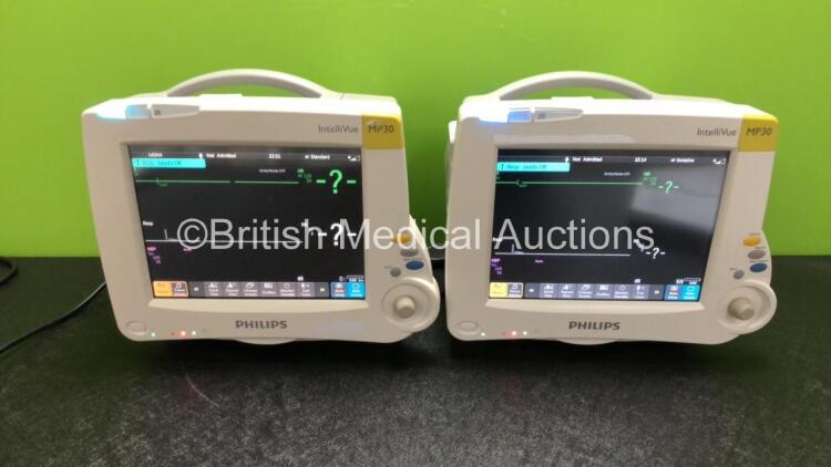 2 x Philips IntelliVue MP30 Patient Monitors with 2 x Philips IntelliVue X2 Patient Monitors with Press, Temp, NBP, SPO2 and ECG Resp Options (All Power Up)