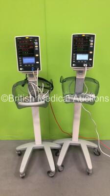 2 x Datascope Accutorr V Vital Signs Monitors on Stand with Leads (Both Power Up) *S/N A7514870L1 / A7622773C3*