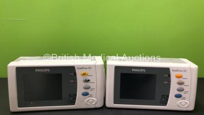 2 x Philips IntelliVue X2 Handheld Patient Monitors with 1 x Battery (1 x Powers Up with Damaged Casing and Buttons, 1 x No Power- See Photos) Rev J.10.52 Including Press, Temp, NBP, SpO2 and ECG/Resp Options