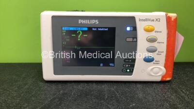 Philips Intelli Vue X2 Hand Held Patient Monitor Software Version H.15.51 Including ECG, SpO2, NBP, Press and Temp Options with 1 x Philips M4607A Battery (Powers Up with Damaged Casing-See Photo, Battery Included is Flat) *SN DE535K8460* *H*