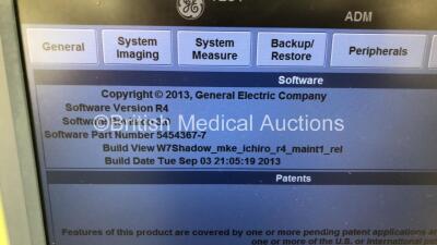 GE Logiq E9 Flat Screen Ultrasound Scanner Ref 131187US7 *S/N 131187US7* **Mfd 09/2014** Software Version R4 Software Revision 3.0 with Sony UP-D897 Digital Graphic Printer (Powers Up - Keyboard will Not Lock in Lock Position) ***IR531*** *H* - 4