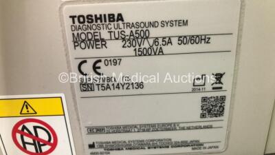 Toshiba Aplio 500 TUS-A500 Flat Screen Ultrasound Scanner *S/N T5A14Y2136* **Mfd 11/2014** Software Version - Unable to Boot with 2 x Transducers / Probes (PLT-704SBT *Mfd 10/2014* Some Damage to Cable / PVT-375BT *Mfd 01/2018* Slight Damage to Probe Head - 13