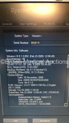 GE Voluson-i Portable Ultrasound Unit on Voluson Docking Cart Software Version B 8.1.2852 (Powers Up) *Mfd 2008-09* **SN B02018** - 5