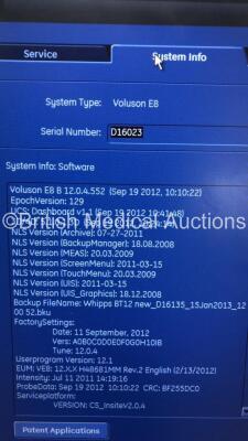 GE Voluson E8 Expert Flatscreen Ultrasound Scanner *Mfd - 03/2014* Software Version - B 12.0.4.552 with 2 x Transducers / Probes (1 x RAB 4-8-D *Mfd - 03/2010* and 1 x C4-8-D *Mfd - 03/2012* Some Probe Head Damage) and Sony UP-D897 Digital Graphic Printer - 9