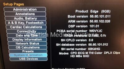 SonoSite Edge Portable Ultrasound Scanner Ref P15000-15 *S/N W0VYJC* **Mfd 06/2014** Boot Version 55.80.101.011 ARM Version 55.80.102.026 with 3 x Transducer / Probes (HFL50x/15-6 MHz Ref P07693-70A *Mfd 2018-11 / C60x/5-2 MHz *Mfd 2008-05* / SLAx/13-6 MH - 9