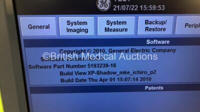 GE Logiq E9 Flat Screen Ultrasound Scanner Ref 5205000-4 Software Version R2.0.5 *Mfd 09 - 2010* with Sony Graphic Printer UP-D897 (Powers Up with 1 x Missing Button - See Photo) *101574US2* - 5