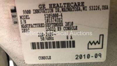 GE Logiq E9 Flat Screen Ultrasound Scanner Ref 5205000-4 Software Version R2.0.5 *Mfd 09 - 2010* with Sony Graphic Printer UP-D897 (Powers Up with 1 x Missing Button - See Photo) *101574US2* - 8