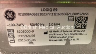 GE Logiq E9 XDClear Flat Screen Ultrasound Scanner Model 5205000-9 *S/N 200592US6* **Mfd 03/2016** Software Version R6 with 4 x Transducers / Probes (C1-6 Ref 5418916 *Mfd 02/2016* / IC5-9-D Ref 5492351 *Mfd 09/2017* / L8-18i Ref 5336965 *Mfd 2017-11* and - 16