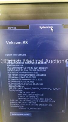 GE Voluson S8 Flat Screen Ultrasound Scanner Ref 5451540 *S/N 253272SU9* **Mfd 04/2014** Software Version 14.0.0 (14.0.3.259) with 3 x Transducers / Probes (RIC5-9W-RS Ref H48661EF *Mfd 03/2013* / RIC5-9W-RS Ref H48661EF *Mfd 02/2021* and C1-5-RS Ref 538 - 5