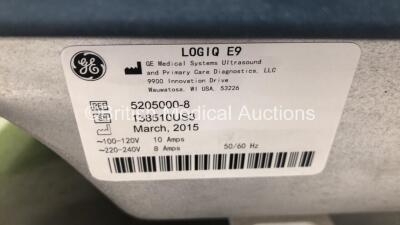 GE Logiq E9 Flat Screen Ultrasound Scanner Ref 5205000-8 *S/N 138510US3* **Mfd 03/2015** Software Version R5 Revision 1.1 with 6 x Transducer / Probe (RIC-9-D Ref H48651MS *Mfd 08/2014* / IC5-9-D Ref 5492351 *Mfd 11/2021* / C1-5-D Ref 5261135 *Mfd 11/2020 - 17