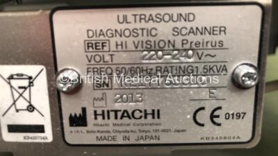 Hitachi Hi-Vision Preirus Flat Screen Ultrasound Scanner *S/N KE17763310* **Mfd 2013** with 2 x Transducers / Probes EUP-C715 *Mfd 2013-05* and EUP-L74M *Mfd 2013-03* (Powers Up) - 9