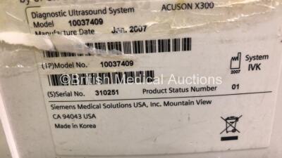 Siemens Acuson X300 Flat Screen Ultrasound Scanner Model No 10037409 *S/N 310251* *Mfd 01/2007* Update Version 1.0.14 (031) (Powers Up with Blank Screen - Donor Screen Used - Donor Screen Not Included) ***IR528*** - 7