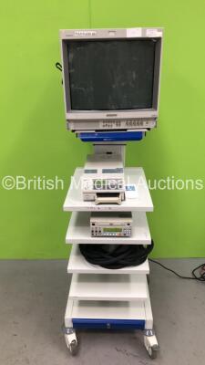 EUK Stack Trolley with Sony Trinitron Monitor, Sony UP-21MD Colour Video Printer, Panasonic LQ-MD800 DVD Video Recorder and Connector Cable (Powers Up)