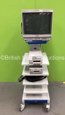 EUK Stack Trolley with Sony Trinitron Monitor, Sony UP-21MD Colour Video Printer, Panasonic LQ-MD800 DVD Video Recorder and Connector Cable (Powers Up)