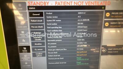 Maquet Servo U Ventilator Ref 6694800 System Version 4.2 System Software Version 4.2.0.6f6f03fb - Total Operating Time 59046 Hours Total Ventilator Hours 22369 with Hoses (Powers Up) *S/N 20185 * - 2