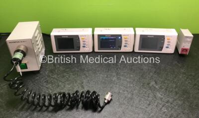 Job Lot Including 3 x Philips IntelliVue X2 M3002A Ref 865039 Handheld Patient Monitors Including ECG, SpO2, NBP, Press and Temp Options (All Power Up, 1 x Good Battery, 2 x Flat Batteries) 1 x Olympus MU-1 Leakage Tester (Powers Up) and 1 x Agilent M1006