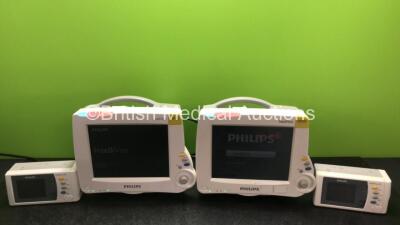 Job Lot Including 2 x Philips IntelliVue MP30 Patient Monitors *Mfd 2013 / 2009* (Both Power Up , 1 x Missing Dial - See Photos) and 2 x Philips IntelliVue X2 Handheld Patient Monitors *Mfd 2016 / 2013* Including ECG, SpO2, NBP, Temp and Press Options wit