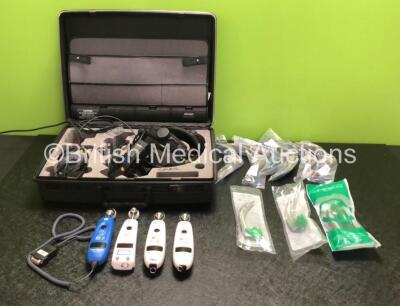 Mixed Lot Including Various Laryngoscope Blades and Handles, 1 x Keeler Vantage Optical Headlight and Power Supply in Carry Case (Powers Up) and 4 x Temporal Scanners *SN 104258 / A1129932 / A813786 / A1137784 / A0998469*