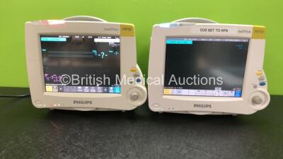 2 x Philips IntelliVue MP30 Patient Monitors with 2 x Philips IntelliVue X2 Patient Monitors with Press, Temp, NBP, SPO2 and ECG Resp Options (All Power Up)