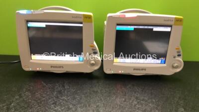 2 x Philips IntelliVue MP20 Patient Monitors with 2 x Philips IntelliVue X2 Patient Monitors with Press, Temp, NBP, SPO2 and ECG Resp Options (All Power Up, 1 x MP20 Damaged Casing)