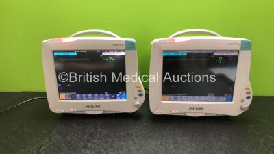 2 x Philips IntelliVue MP50 Anesthesia Monitors with 2 x Philips M3001A Opt : A01C06 Multiparameter Modules with Press, Temp, NBP, SPO2 and ECG/Resp Options (Both Power Up)