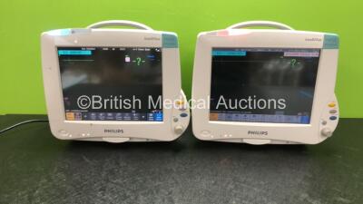 2 x Philips IntelliVue MP50 Anesthesia Monitors with 2 x Philips M3001A Opt : A01C06 Multiparameter Modules with Press, Temp, NBP, SPO2 and ECG/Resp Options (Both Power Up)