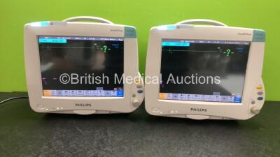 2 x Philips IntelliVue MP50 Anesthesia Monitors with 2 x Philips M3001A Opt : A01C06 Multiparameter Modules with Press, Temp, NBP, SPO2 and ECG/Resp Options (Both Power Up)