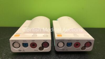 2 x Hewlett Packard M3000A Gas Modules Including ECG, SpO2, NBP, Temp and Press Options (1 x Slight Damage to Casing - See Photos)